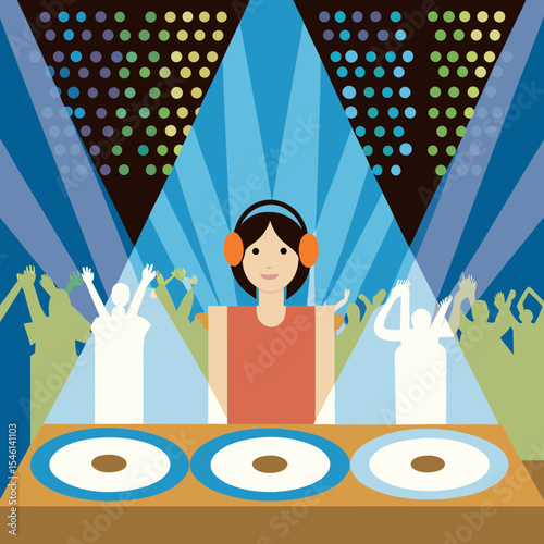 A South Asian teenage girl wearing headphones, DJing at a music festival stage. She stands confidently behind turntables, surrounded by colorful LED lights and a cheering crowd. The background glows w