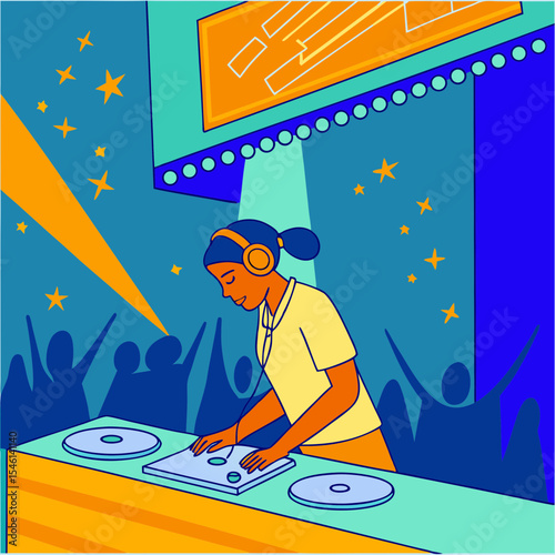 A South Asian teenage girl wearing headphones, DJing at a music festival stage. She stands confidently behind turntables, surrounded by colorful LED lights and a cheering crowd. The background glows w