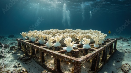 Fototapeta Naklejka Na Ścianę i Meble -  Coral reef restoration project in shallow ocean waters.