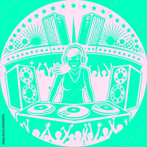 A South Asian teenage girl wearing headphones, DJing at a music festival stage. She stands confidently behind turntables, surrounded by colorful LED lights and a cheering crowd. The background glows w