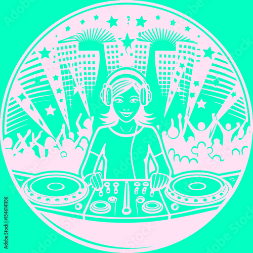 A South Asian teenage girl wearing headphones, DJing at a music festival stage. She stands confidently behind turntables, surrounded by colorful LED lights and a cheering crowd. The background glows w