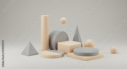 Geometric shapes composition featuring cylinders spheres cones cubes and disks in neutral colors