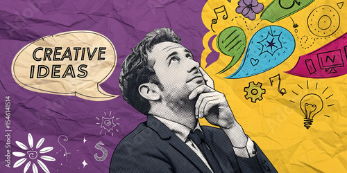 A Man Surrounded by Comic Speech Bubbles Representing Creative Thoughts and Ideas