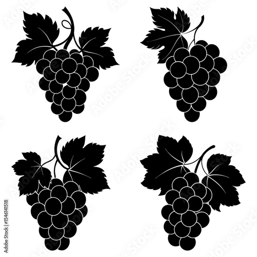 Four bunches of grapes with leaves in black silhouette isolated on a white background illustration design
