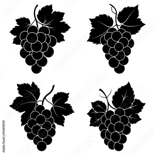 Four bunches of black grapes with leaves arranged in a square pattern on a white background vector art
