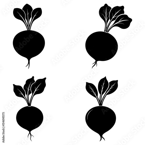 Four beetroots with leaves in black silhouette on a white background in a simple and clean arrangement