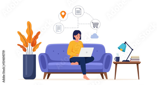 Woman Working Remotely from Home Online Business, E-commerce, and Digital Marketing Concepts