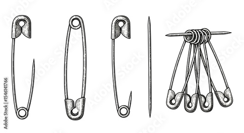 Hand-Drawn Illustration Collection of Safety Pins, Needle, and Pin Set - Vintage Style Graphics