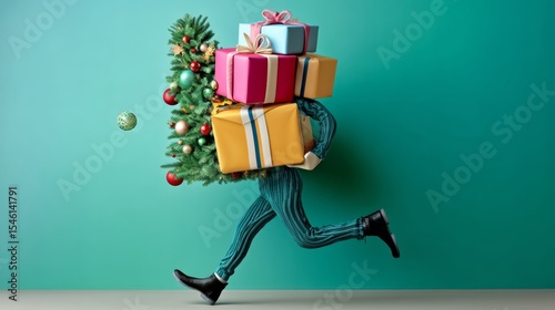 Man is running with a Christmas tree and presents. The man is carrying a lot of presents and the Christmas tree is also on his back. The scene is festive and joyful