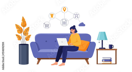 Woman Working Remotely from Home, Comfortable Couch, Laptop, Online Business, Home Office