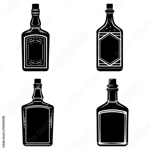 Illustration of four vintage liquor bottles with different shapes and label designs in black and white style