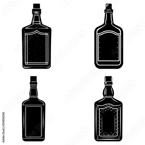 Illustration of four different liquor bottles with labels in a black and white graphic style design