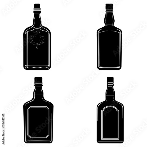 Four black and white liquor bottles with different shapes and label designs on a white background image