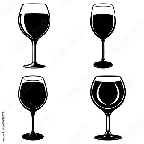 Four wine glasses filled with dark liquid arranged in a square pattern against a white background image
