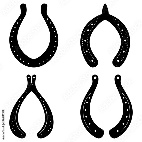 Illustration of four black horseshoe and wishbone designs with white dots on a white background
