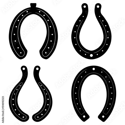 Four horseshoe designs in black and white with visible nail holes and varied shapes and orientations
