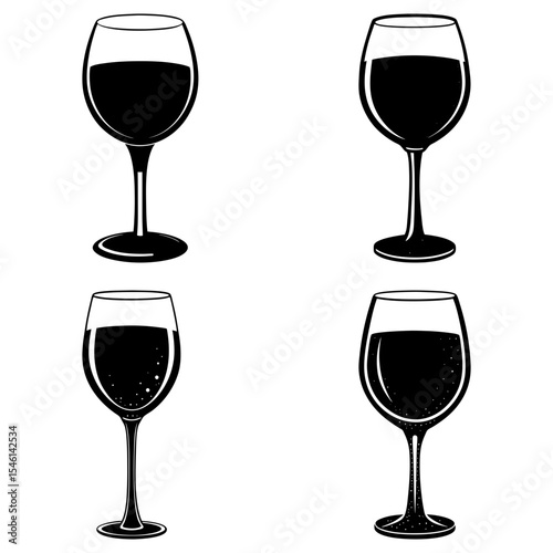 Four stylized wine glasses filled with dark liquid arranged in a rectangular pattern on white background