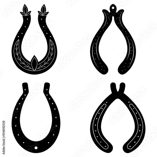 Four horseshoe designs in black and white with varying styles and decorative elements displayed neatly