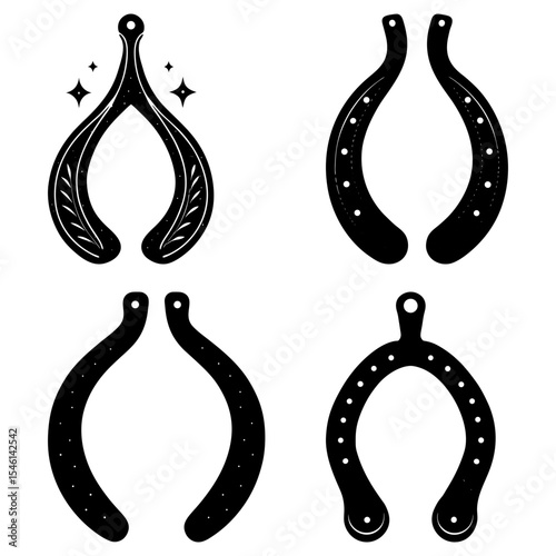 Illustration of four black wishbones and horseshoes in different styles on a white background