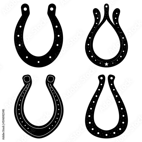 Four black horseshoe designs with varying styles and hole patterns arranged on a white background surface