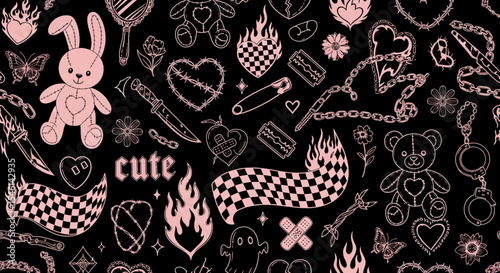 Dark Academia Aesthetic Pink and Black Seamless Pattern Cute Goth Bunny, Hearts, and Flames Design