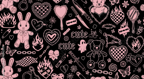 Pink and Black Cute Kawaii Pattern Seamless Goth Bunny, Hearts, and Knives Design for Fabric, Wallpaper, and More