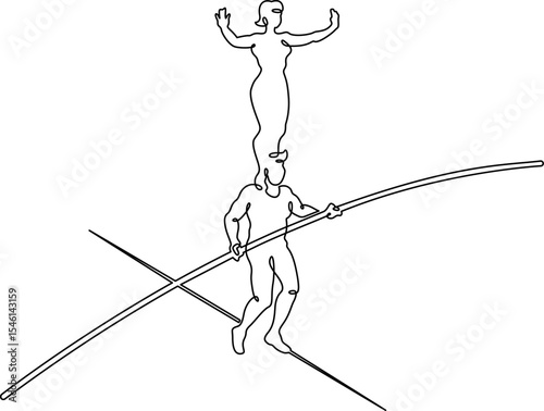 Continuous one line drawing circus artist. Circus. Tightrope walker and equilibrist. Circus performance. One continuous line isolated minimal illustration.Not AI.