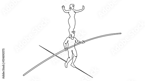 Continuous one line drawing circus artist. Circus. Tightrope walker and equilibrist. Circus performance. One continuous line isolated minimal illustration.Not AI.