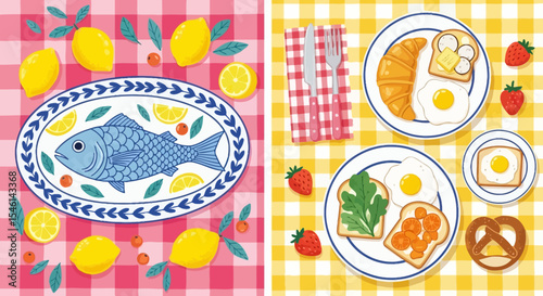 Delightful Breakfast and Lunch Illustrations Fresh Fish, Eggs, Croissants, and Citrus Fruits
