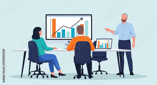 Business Team Meeting Analyzing Growth Charts and Data for Strategic Planning