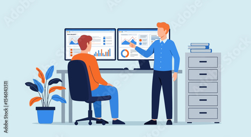 Data Analysis Collaboration Two Colleagues Reviewing Charts and Graphs on Multiple Monitors