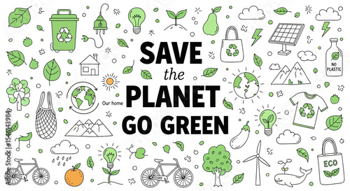 Save the Planet Go Green - Eco-Friendly Lifestyle Illustrations