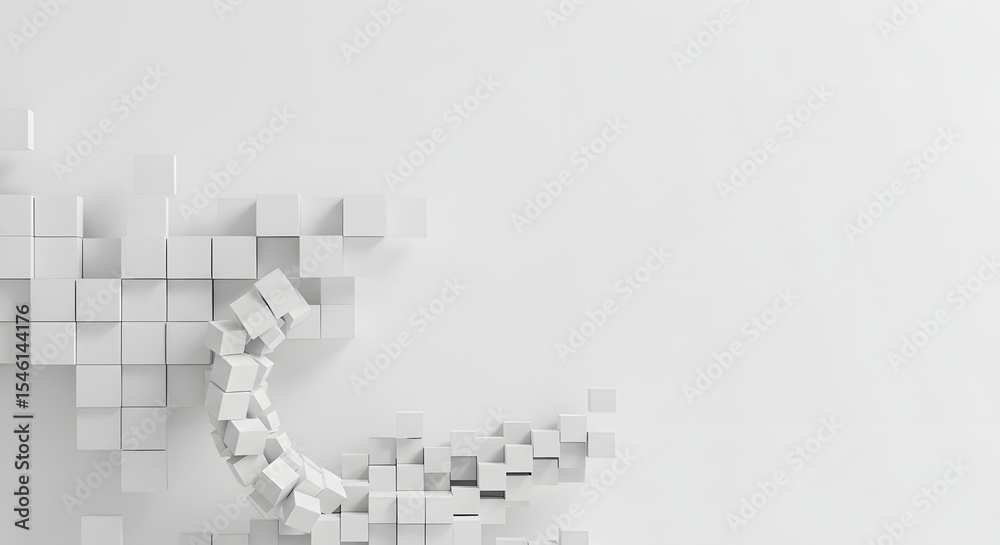 Fototapeta premium White cubes forming a wall with a section breaking away into a circular shape on a white background