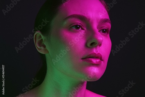 Artistic Portrait with Vibrant Neon Lighting and Dramatic Expression