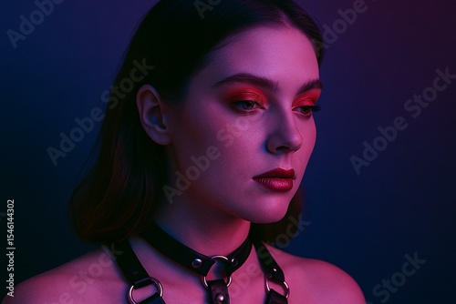 Dramatic Female Portrait in Colorful Studio Lighting with Fashionable Accessories