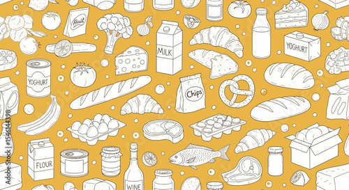 Hand-Drawn Food Seamless Pattern Groceries, Bakery, Dairy & More
