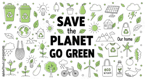 Save the Planet Go Green - Eco-Friendly Lifestyle Illustrations