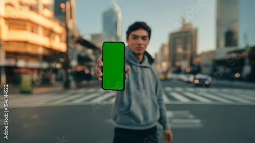Wallpaper Mural Young Man Holding Smartphone with Green Screen Outdoors in Busy City Intersection Torontodigital.ca