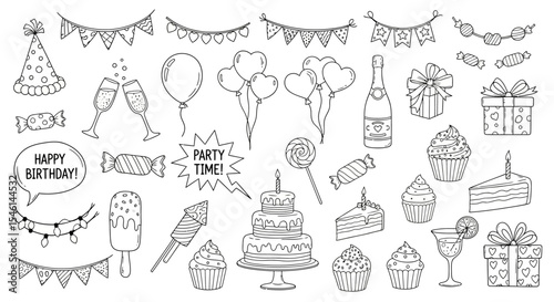 Hand-drawn Party & Birthday Illustrations  Celebrate with Cute Doodle Icons