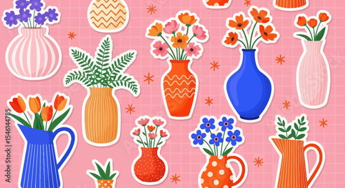 Vibrant Flower Arrangements in Colorful Vases A Collection of Decorative Stickers