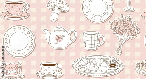 Charming Vintage Tea Party Seamless Pattern Pastel Pink Design with Teacups, Flowers, and Pastries