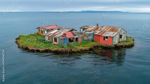 Colorful, weathered huts stand on a small, grassy island in a serene body of water.