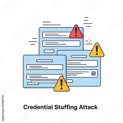 Credential Stuffing Attack Illustration Blue Forms Red Yellow Warning Signs