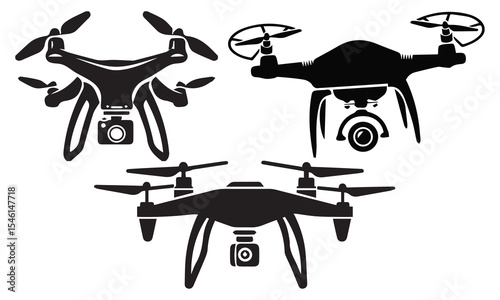 Drone silhouette icons set side, front, back, and top views vector art illustration