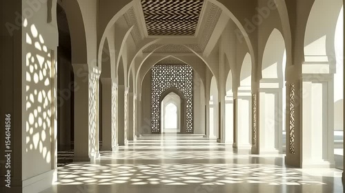 Elegant architectural corridor with intricate arches and light patterns, showcasing serene ambiance