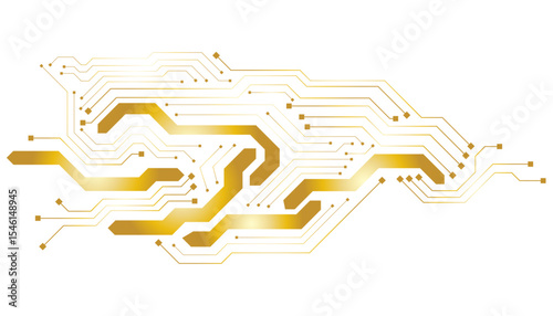 A golden background with golden circuit board lines, golden dots and yellow chips