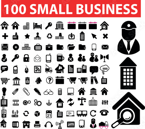 A collection of one hundred small business related icons and symbols in black and white