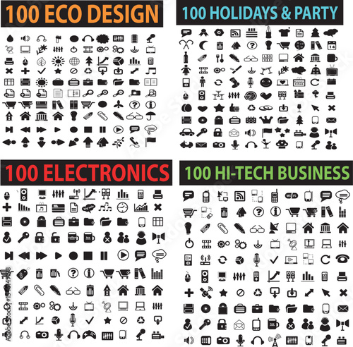 Collection of four sets of 100 vector icons representing various themes and concepts