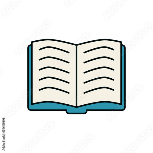 Minimalist vector drawing of an open reading book with stylized pages and modern color scheme