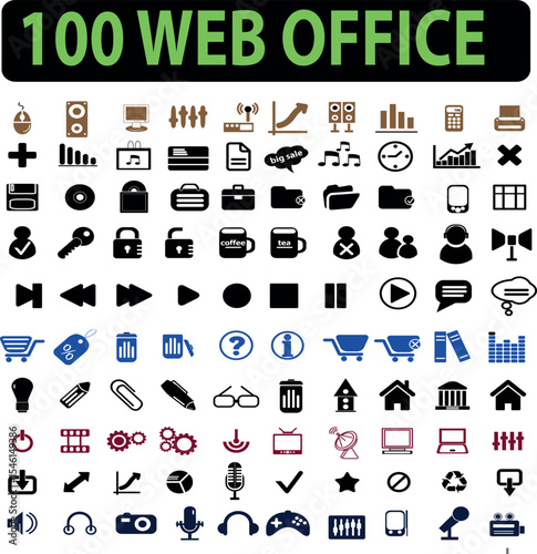 Collection of one hundred black and brown web office icons for design and digital projects